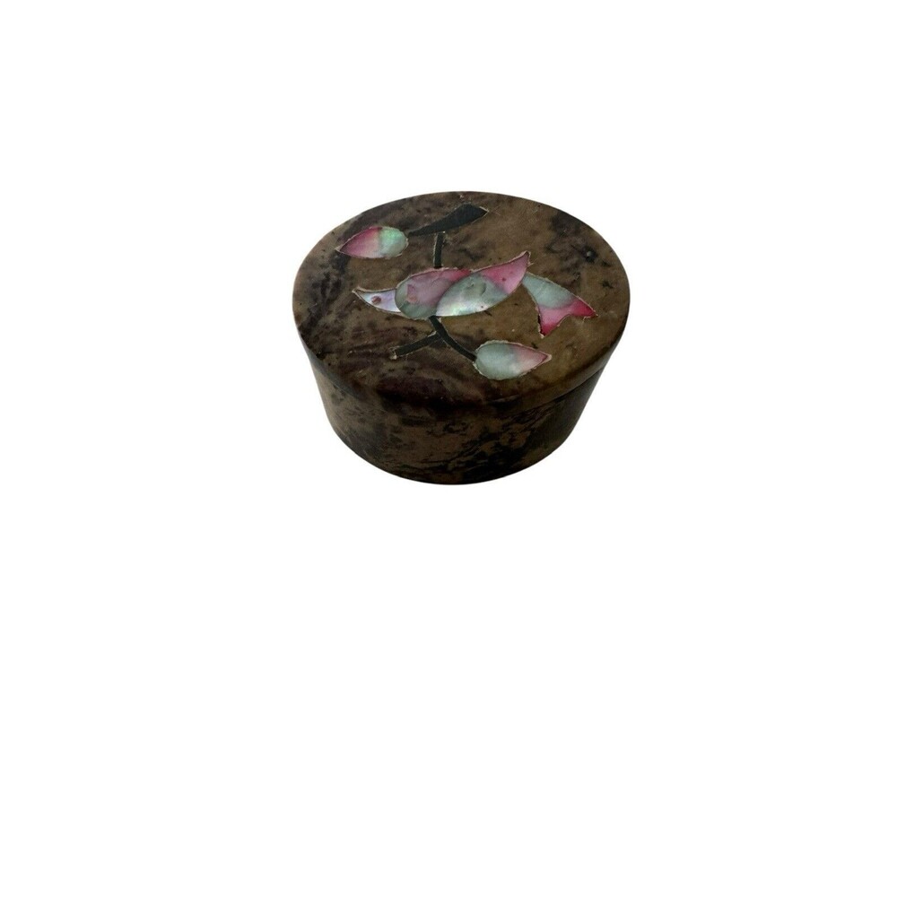 Marble trinket jewelry Box Vintage handmade Bird Floral inlay purple pink oval